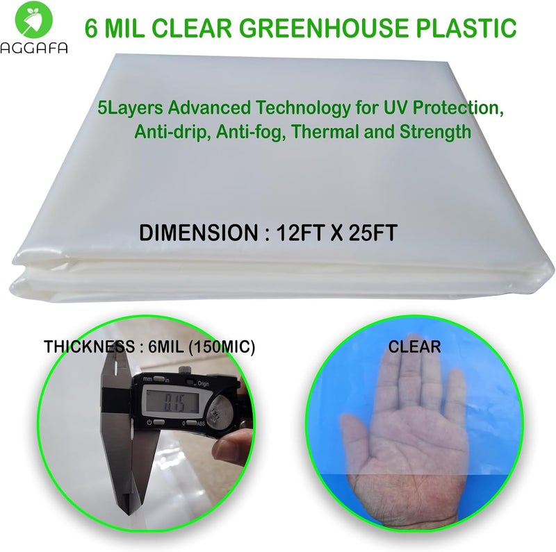 AGGAFA 6 mil (12ft x 25ft) 100% Virgin Material. 5Layers Advanced Extrusion Technology for UV Protection, Anti-drip, Anti-Fog, Thermal and Strength. 4Years Lifetime UV Resistant Greenhouse Plastic - Image 2